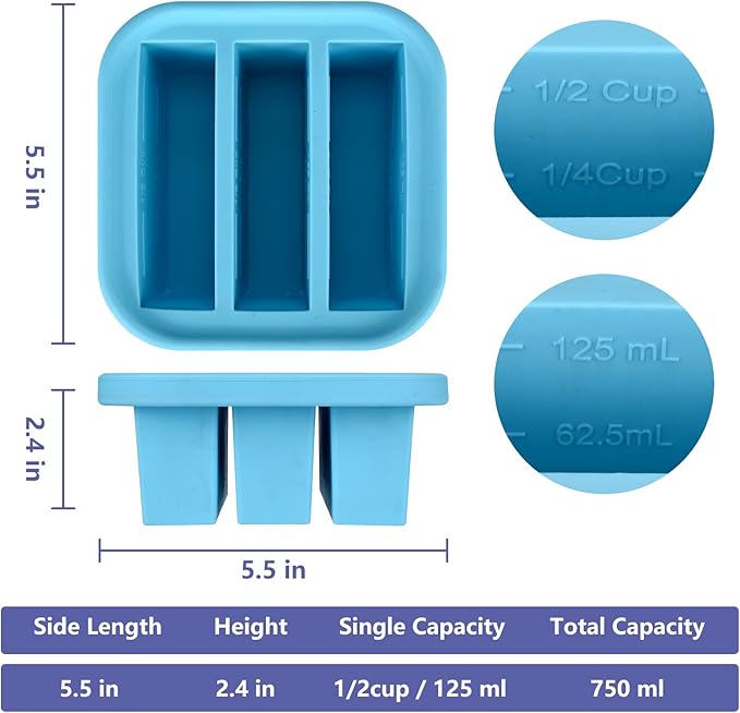 1/2-Cup Silicone Freezer Tray with Lid 2 Pack Soup Freezer Molds Food Freezing Container Make 6 Perfect Soups, Broths, Stews, Sauces, Curries