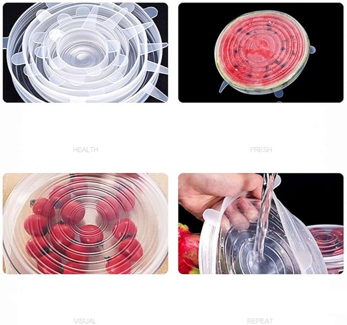 Flexible Silicone Stretch Lids Round Reusable Food Covers For Bowl Cup Dish Silicone Food Wrap Food Grade 6pcs (Clear)