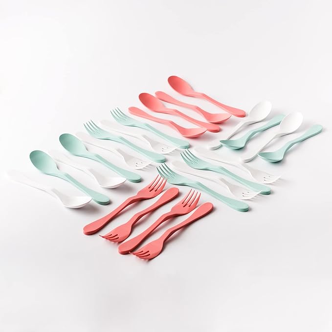KNORK Eco Plant Based Cutlery Bamboo Reusable Flatware Set, 24 Piece (12 Eco Forks, 12 Eco Spoons), Multi - Mint, Coral, White
