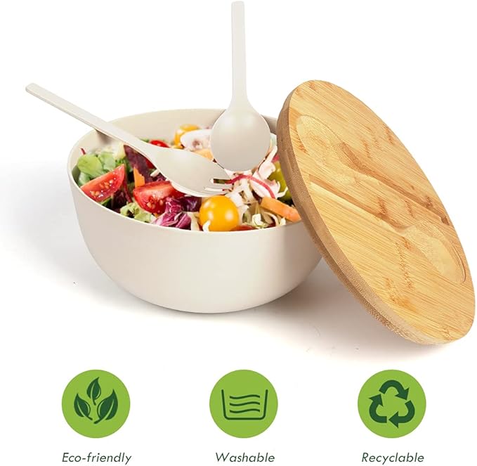 ShineMe Large Salad Bowl with Lid, Bamboo Fiber Salad Serving Bowl Set with Utensils, 9.8inches Mixing Bowl with Servers, Solid Bamboo Wooden Bowl for Salad, Fruits, Vegetables and Pasta(White)
