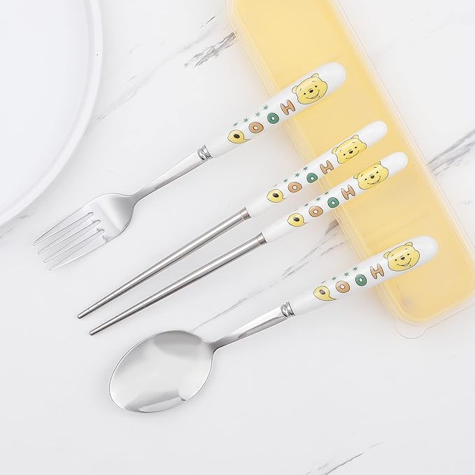 Cartoon Pooh Bear Print Portable Utensils with Case Pooh Piglet Reusable Flatware Set Chopsticks Fork Spoon Set for Travel Picnic, Middle, Blue