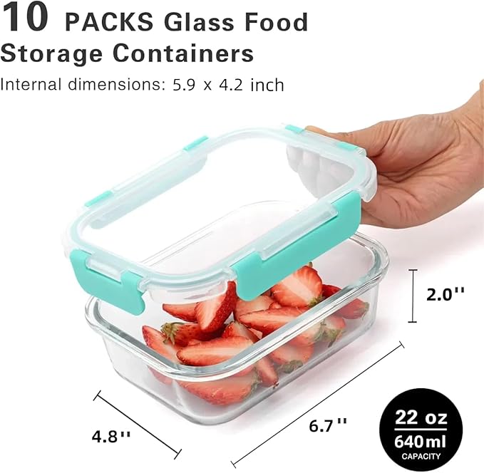 10 Pack 22 Oz Glass Meal Prep Containers with Lids, Reusable Glass Food Storage Containers with Lids, Leak Proof, Microwave, Oven, Freezer and Dishwasher Safe (Green)