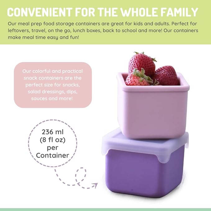 melii 100% Silicone Snack Container 2-Pack, 236ml/8oz per Container, Easy to Open Lid, Dishwasher, Microwave, Freezer safe, BPA Free - Pink and Purple