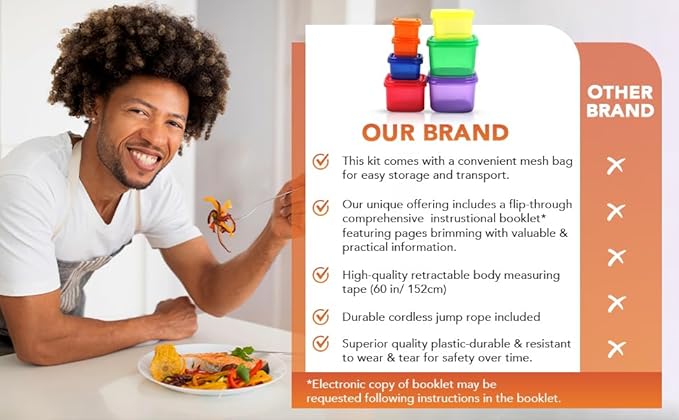 21 Day Portion Control Containers for Weight Loss with Booklet Guide - BPA Free Color-Coded Portion Control Containers, Body Measuring Tape, Cordless Jump Rope & Storage Bag