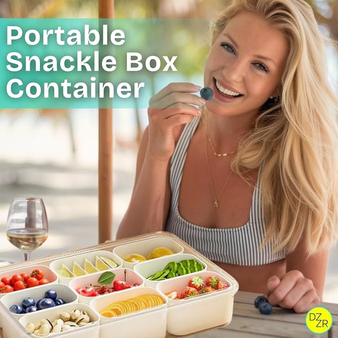 9 Compartment Snack Box Container (Set of 2) – Snack Tray with Lid, Vegetable Tray, Charcuterie Container, Multipurpose Food Storage for Snacks, Vegetables, Fruits, and More