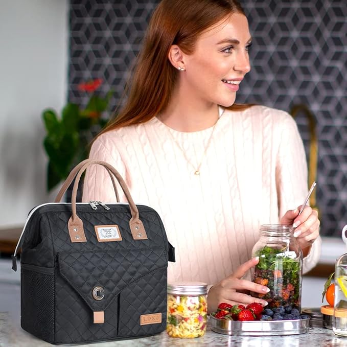 Lekesky Lunch Bag for Women and Men Leakproof Lunchbox Insulated Lunch Bag for Work, Picnic and Camping, Quilted Black
