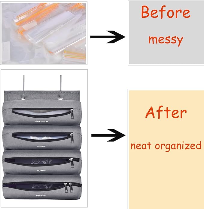 Zipper Bag Organizer Compatible with Gallon, Quart, Sandwich & Snack Food Storage Bag, Kitchen Plastic Bag Storage Organizer for Kitchen RV Camper (Grey)