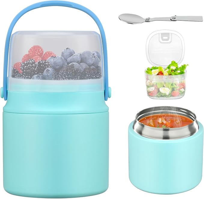 2-In-1 Soup Thermo for Hot Food Kids, 15 Oz Insulated Food Container and a Snack Box, Wide Mouth, Leak Proof, Stainless Steel Spoon, Dishwasher Safe Food Thermo Set for School, Work,Tiffany Blue