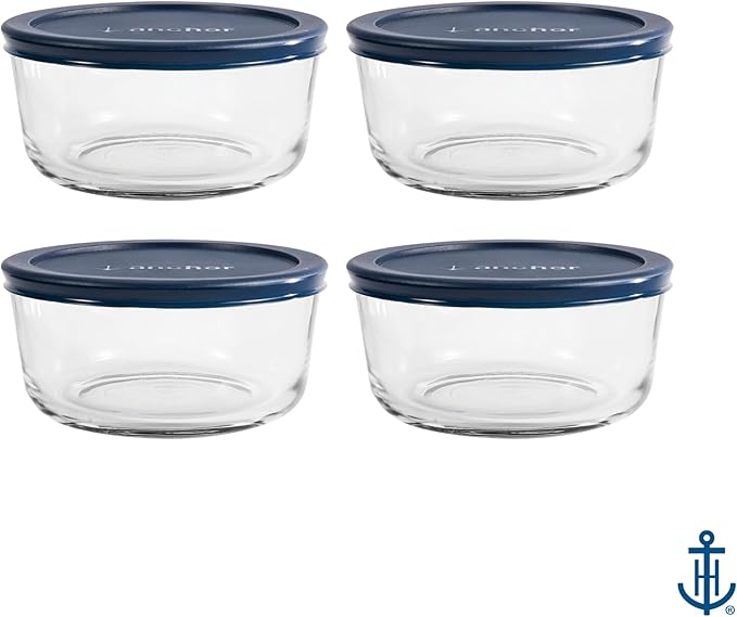 Anchor Hocking SnugFitTM Round Food Storage Containers with Lids (4-Piece, 4-cup, Navy Blue, oven-safe)