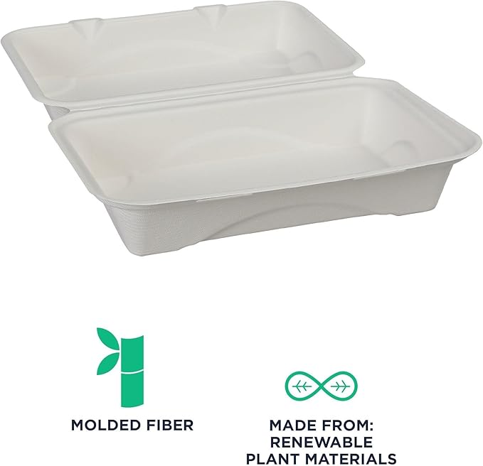 Eco-Products Compostable Vanguard 9"x6" Clamshell To Go Containers, Case of 250, Take Out Food Box, White Renewable Molded Fiber, No-Added PFAS, Grease & Cut Resistant, ASTM Compliant, BPI-Certified