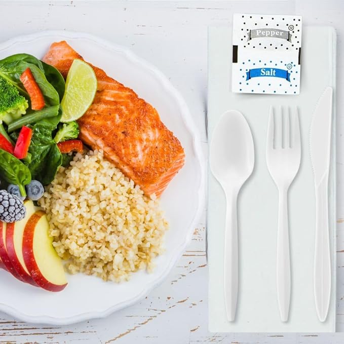 250 Pack Individually Wrapped Cutlery Set, Dispobasble Utensils Sets, White - Includes Disposable Cutlery Forks/Spoon/Knife/Napkin/Salt & Pepper - 250 Sets