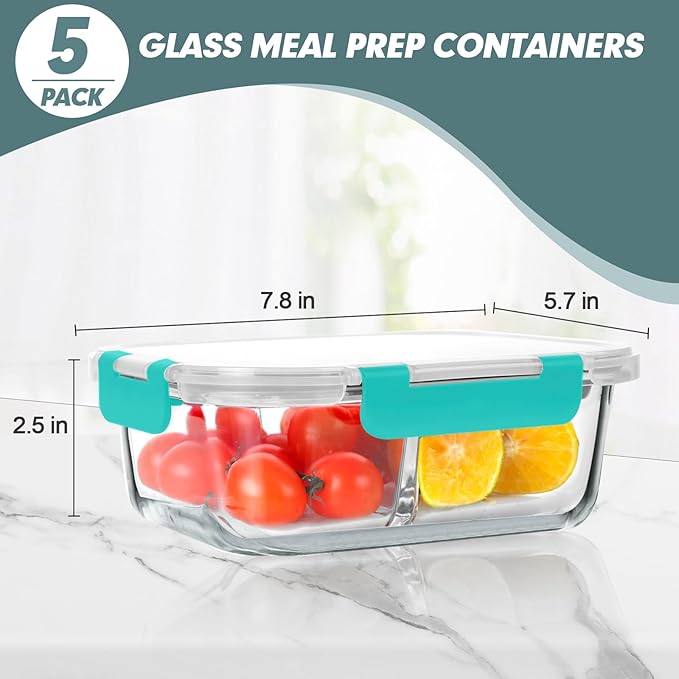 30 oz 5 Pack Glass Meal Prep Containers 2 Compartments, Glass Food Storage Containers with Lids, Airtight Glass Lunch Box, Microwave, Oven and Freezer Safe, Green