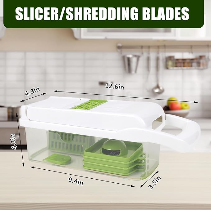 16 in 1 Vegetable Cutter and Mandolin Slicer - versatile food cutter, stainless steel blade, large container and - manual onion, garlic and salad cutter for kitchen use