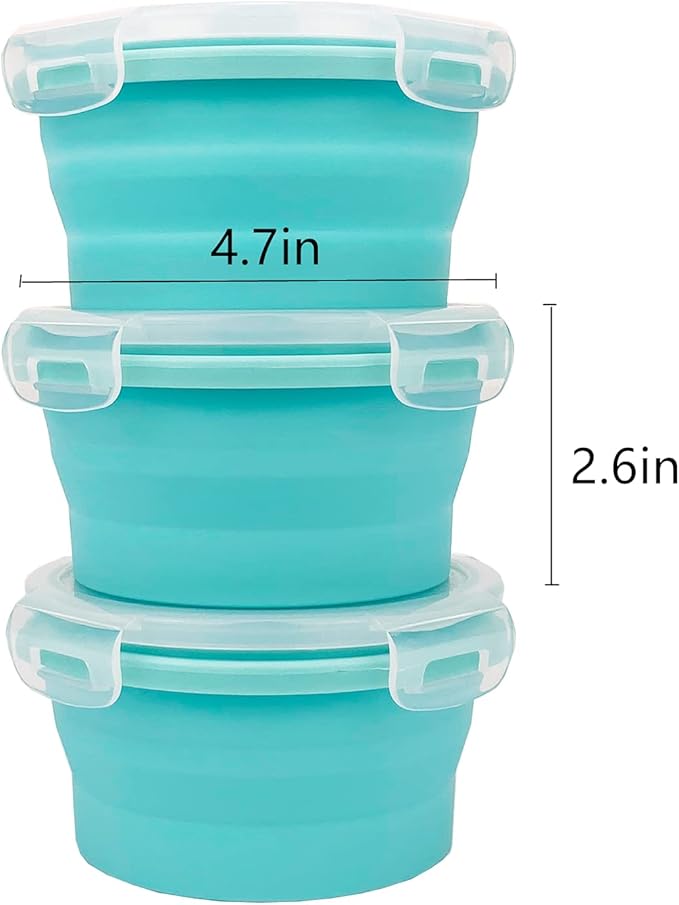 CCyanzi 3piece Round Collapsible Bowl with Lids, Silicone Food Storage Containers, Microwave & Freezer Safe, Space Saving for Kitchen Cabinet and Camping Backpack,(Blue)