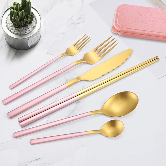 AARAINBOW 6 Pieces Stainless Steel Flatware Set Portable Reusable Cutlery Set Travel Utensils Set Including Chopsticks Knife Fork Spoon Straws Cleaning Brush Dishwasher Safe (B-Pink golden)