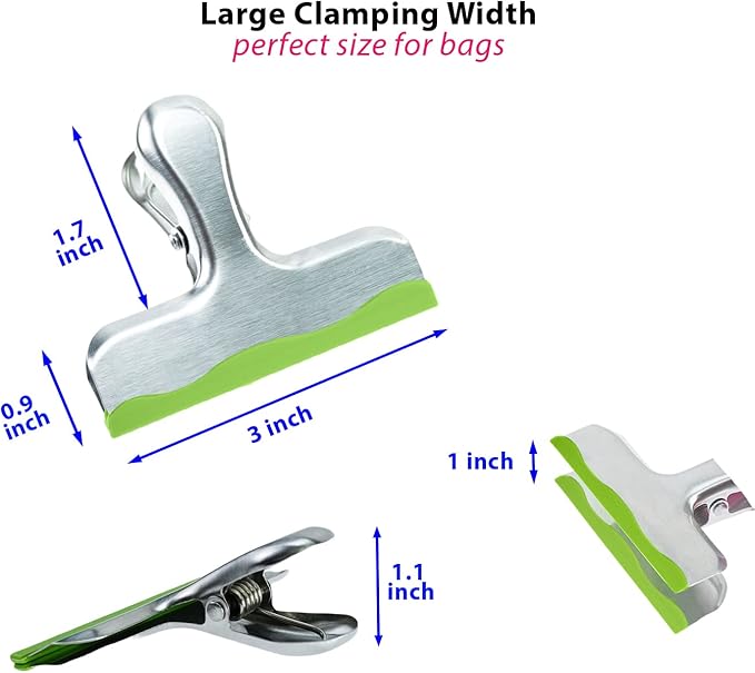 12 Pack Metal Chip Clips with Silicone Edges – Heavy Duty Bag Clips for Food Packages, Kitchen, Office – Color Coded, Air Tight Extra Strong Clamps, 3 Inches Wide (12)