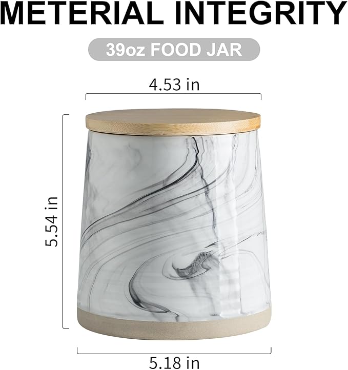 Ceramic Airtight Containers, Wide Mouth Food Storage Jars with Sealing Wooden Lids, Cereal Sugar Tea Coffee Bean Cookie Flour Canisters - Marble Design