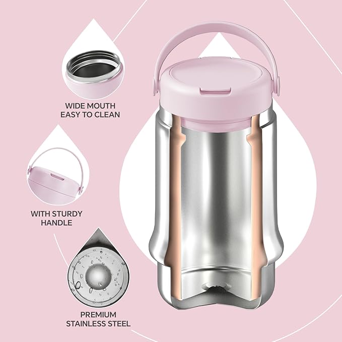 Ideus 20 oz Insulated Soup Thermo with Foldable Spolk and Bowl, All-in-one Stainless Steel Vacuum Thermal Food Jar for Lunch, Leakproof Bento Lunchbox Portable Soup Container (Light Pink)
