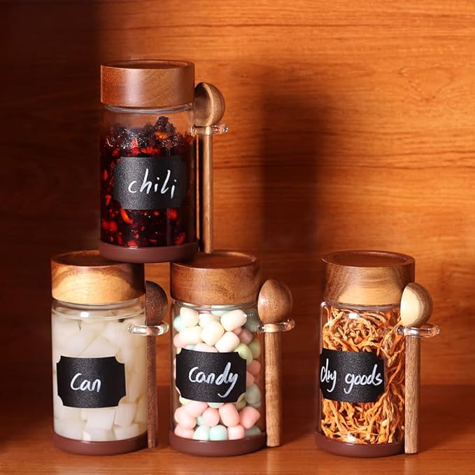 SAIOOL High Bprosilicate Glass 4 Pack Spice Jars with Label and Spoons,Overnight Oats Containers with Acacia Airtight Lids,Glass Food Storage Jars, Coffee Bar (Acacia 8 OZ*4)