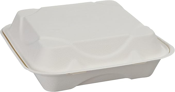 ECO PRODUCTS Compostable Vanguard 9" Clamshell To Go Containers, Case of 200, Square Take Out Food Box, White Renewable Molded Fiber, Grease Resistant, No-Added PFAS, ASTM Compliant, BPI-Certified
