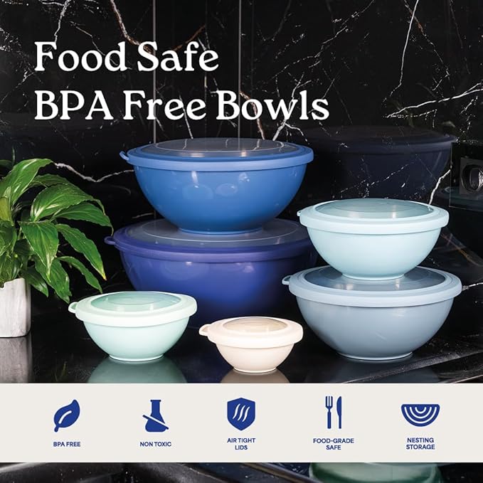 WHYSKO Mixing Bowl Set, 12 Piece Colorful Plastic Mixing Bowls with Lids Set for Food Prep Storage and Serving, Dishwasher Safe Microwave Safe for Kitchen Baking Cooking