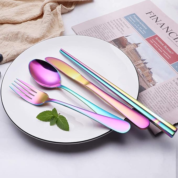 Portable Stainless Steel Flatware Set, Travel Camping Cutlery Set, Portable Utensil Travel Silverware Dinnerware Set with a Waterproof Case (Rainbow)