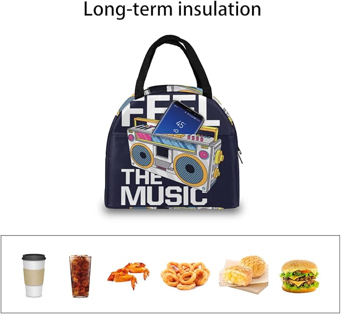Insulated Lunch Bag for Women Men Retro Music Cartoon Boombox Waterproof Thermal Tote Bag Reusable Lunch Box Container Lunch Holder Leakproof Lunch Cooler Bag Picnic Travel Work
