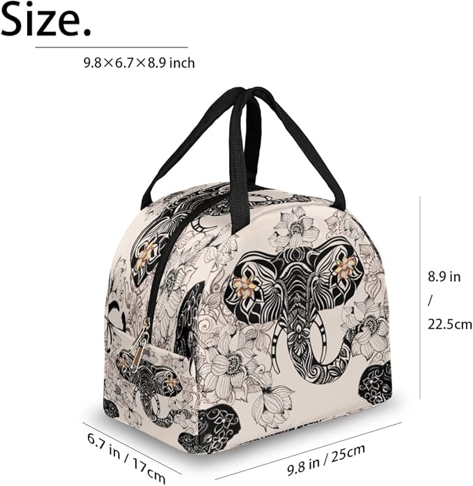 Insulated Lunch Bag for Women Men Elephant Ethnic Flower Waterproof Thermal Tote Bag Reusable Lunch Box Container Lunch Holder Leakproof Lunch Cooler Bag Picnic Travel Work
