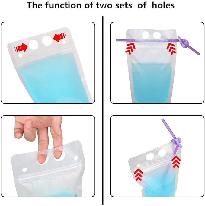 100 Pcs Zipper Plastic Pouches Drink Bags,Heavy Duty Hand-Held Translucent frosted Reclosable Stand-up Bag 2.4" Bottom Gusset with 100pcs Straws & Funnel Included