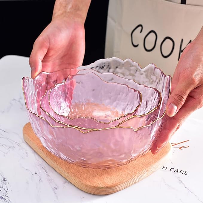 3-Pack Glass Bowls for Kitchen Prep, Nesting Space Saving Set of Bowls, Pink Crystal Bowl Set, Irregular Shape Glass Bowl For Salad,Ice Cream, Cereal,Dessert, Freezer Safe (Light Pink)