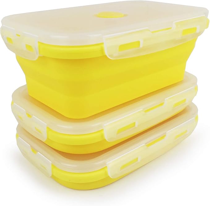 CCyanzi Set of 3 Yellow Collapsible Food Containers Collapsible Camping Bowl Silicone Storage Containers, Safe to Microwave and Freezer, 800ml