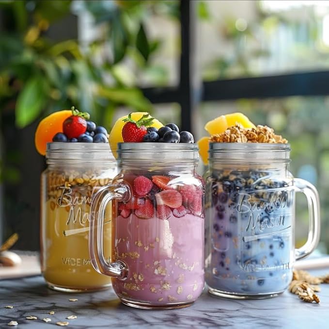 ANOTION Overnight Oats Containers with Lids and Spoons - 16 oz Mason Jars with Handle Set of 6 - Airtight Glass Meal Prep Containers for Oats Overnight, Yogurt Oatmeal Cereal Pudding Cups with Lids