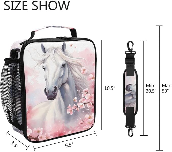 White Horse Lunch Box for Kids Boys Girls, Cherry Floral Cooler Insulated Lunch Tote Bag with Adjustable Strap for School Daycare