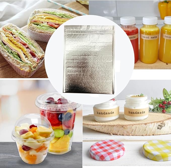 Insulated Easy Zip Lock Resealable Aluminum Sandwich Bag with ice pack - Reusable Thermal Snack Bento Camping Picnic Hot & Cold Pouch (5P, 6 inch x 10 inch)