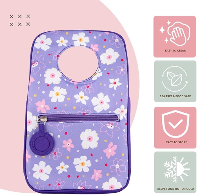 Designer Insulated Lunch Bag, Purple, Reusable Cooler Tote for Food & Drinks, Perfect for Women, Men, Boys, Girls, Stylish for kids ages 3+ (Flower)