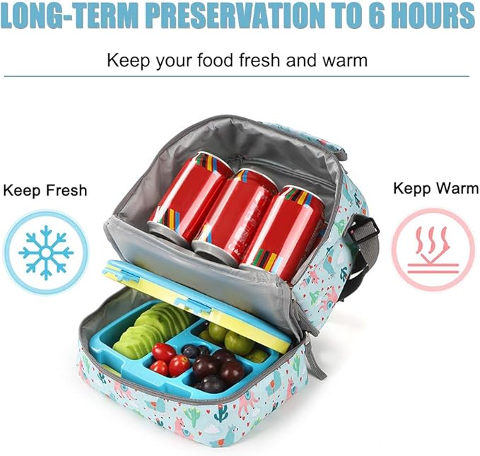 Tilami Lunch Bags Insulated Adjustable Strap Zipper, Two Compartments Cooler Bags, Bento Bags for Kids Toddlers, Blue Alpaca