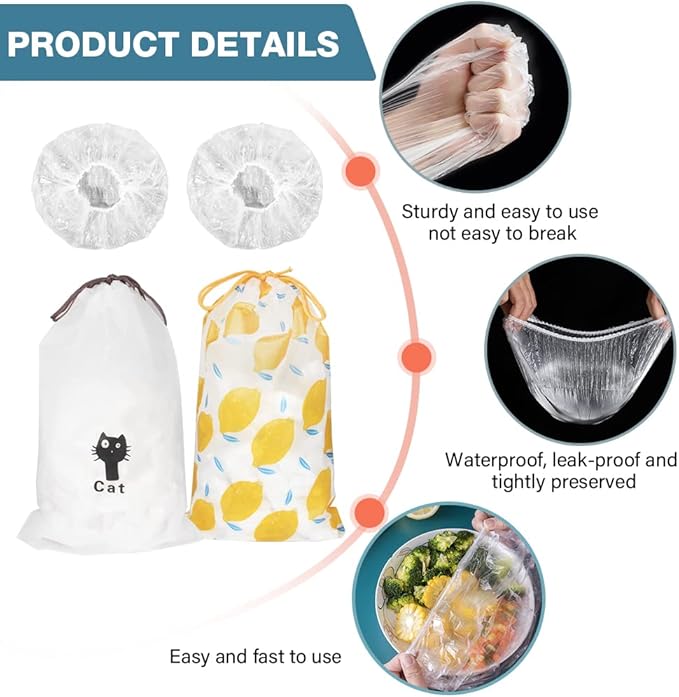 200PCS Bowl Covers Bread Proofing with Storage Bags, Fits Bowls up to 12", Plastic Wrap for Food Plastic Bowl Covers Elastic Reusable Plate Covers for Family Outdoor Picnic, BPA Free, Food Grade