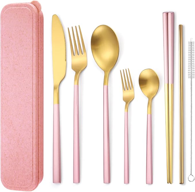 AARAINBOW 6 Pieces Stainless Steel Flatware Set Portable Reusable Cutlery Set Travel Utensils Set Including Chopsticks Knife Fork Spoon Straws Cleaning Brush Dishwasher Safe (B-Pink golden)
