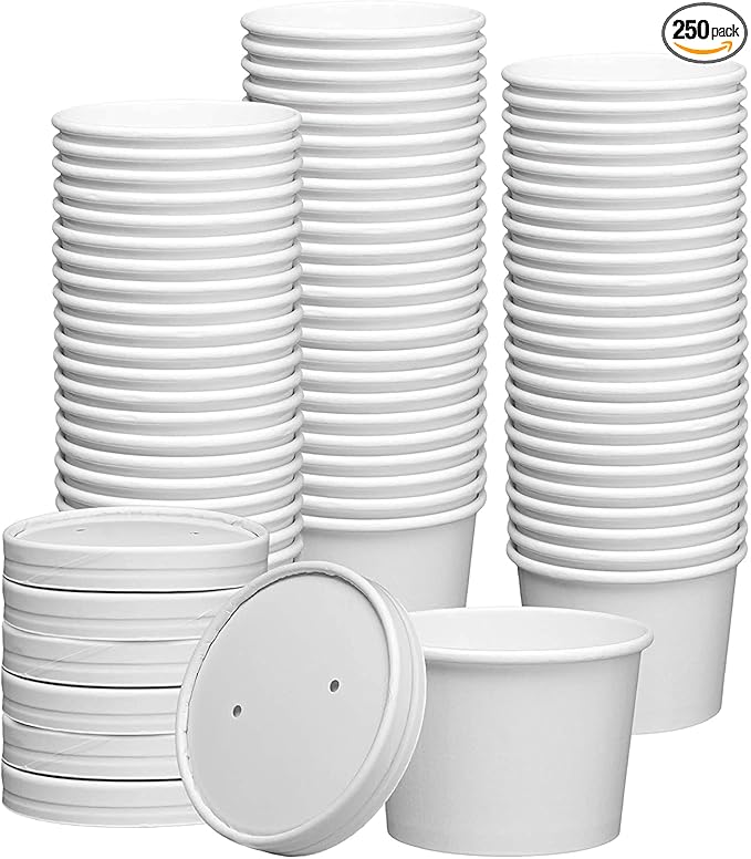 GUSTO [8 oz. - 50 Count White Paper Food Containers with Vented Lids - To Go Hot Soup Bowls, Disposable Ice Cream Cups, Ideal for Hot and Cold Foods - (Formerly Comfy Package)