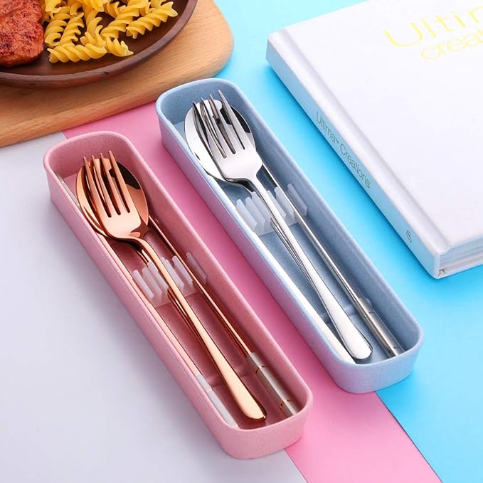 3 Piece Portable Flatware Set, Chopsticks, Fork and Spoon with Travel Case, Rose Gold