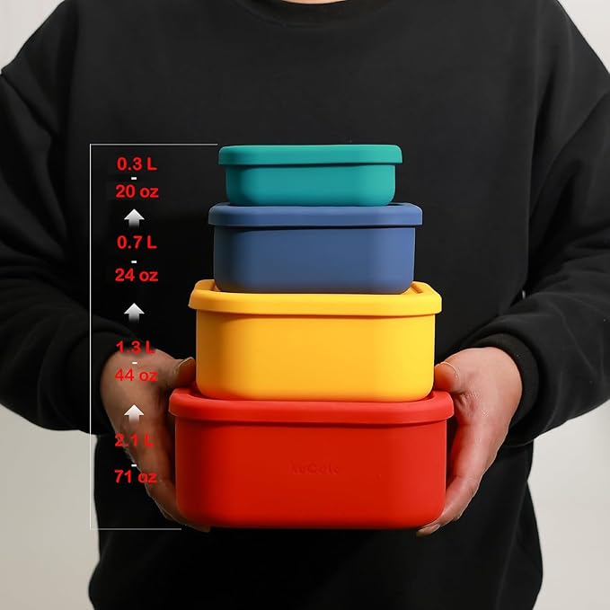 Silicone Food Storage Containers with Lids Set 4 Sizes and Silicone Containers,For Freezing, Bento Boxes, Snack Boxes,Freezer preservation Leak Proof (1, Rectangular)