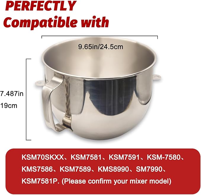 7QT Stainless Steel Mixer Bowl for Kitchenaid Mixer bowl with Handle,Dishwasher Safe,Food Grade Material for KSM75, KSM55, KSM60, and KSM70