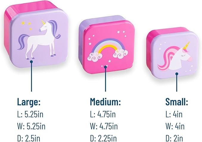 Wildkin Nesting Food Containers for Kids – Stackable, Airtight & Dishwasher Safe - Set of 3 - Unicorn