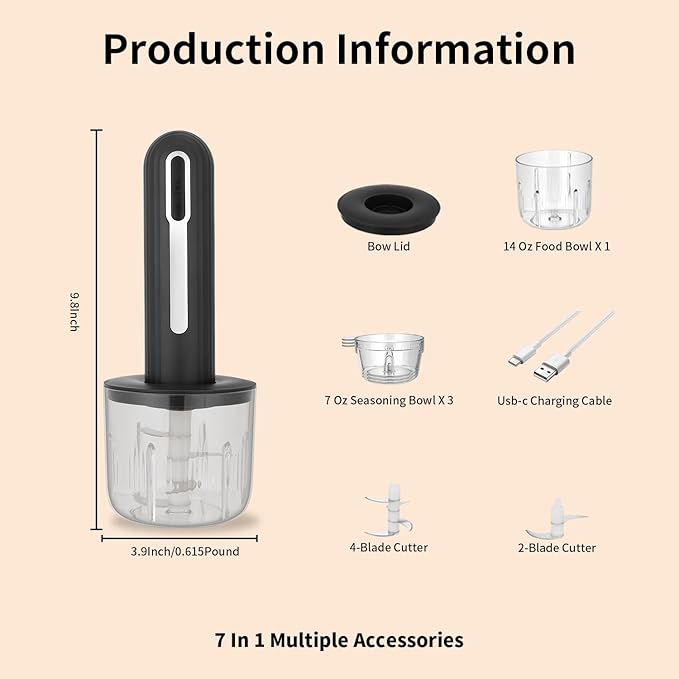 MINI Cordless Food Processor Electric Vegetable Chopper,USB Rechargable Compact Meat Grinder with 4 Cups & 2 Slicers for Baby Foods Kitchen,Mincing Pureeing Onion Garlic Chili & Spices(Black)
