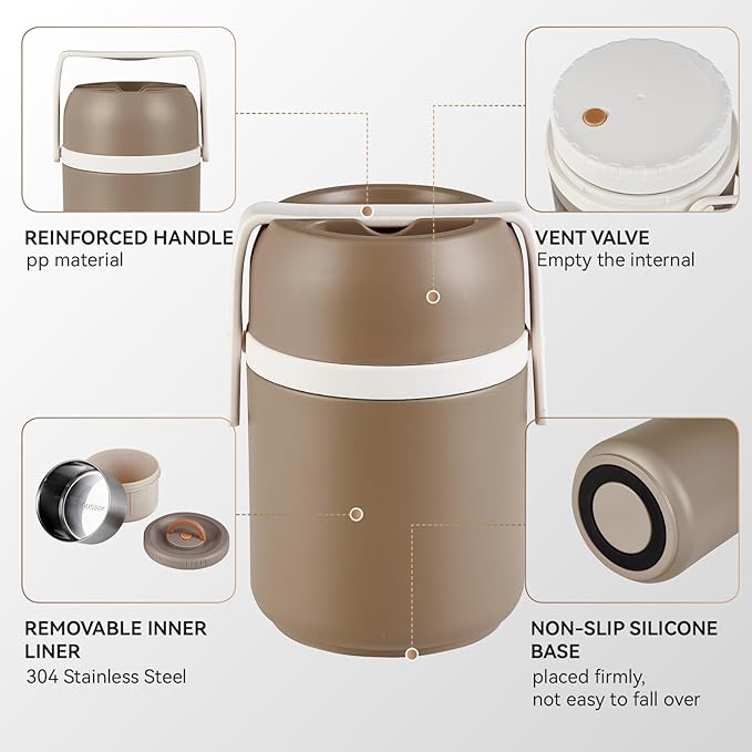 51 oz Adults Vacuum Insulated Wide Mouth Soup Food Thermos Hot Food Jar with Keep Thermal Portable 2 Tier Stackable Bento Hot Food Containers Lunch Boxes (Gray, 51)