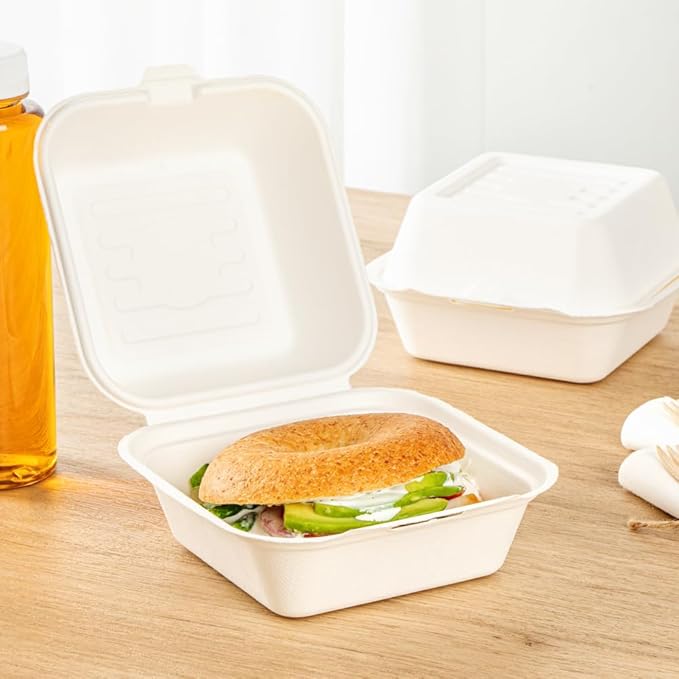Restaurantware Pulp Safe No PFAS Added 15 Ounce Clamshell Boxes 100 Disposable Containers - Home Compostable Microwavable And Freezable White Bagasse Containers With Built-In Hinged Lid
