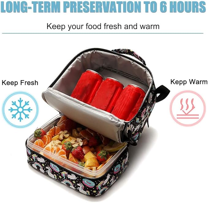 Tilami Lunch Bags Insulated Adjustable Strap Zipper, Two Compartments Cooler Bags, Bento Bags for Kids Toddlers, Unicorn Cute