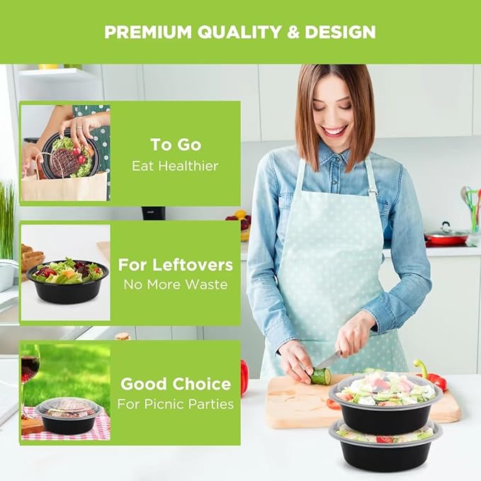 WGCC Meal Prep Containers with Lids - 50Pack 32OZ Meal Bowls, Round To Go Containers, BPA-Free, Freezer & Dishwasher Safe