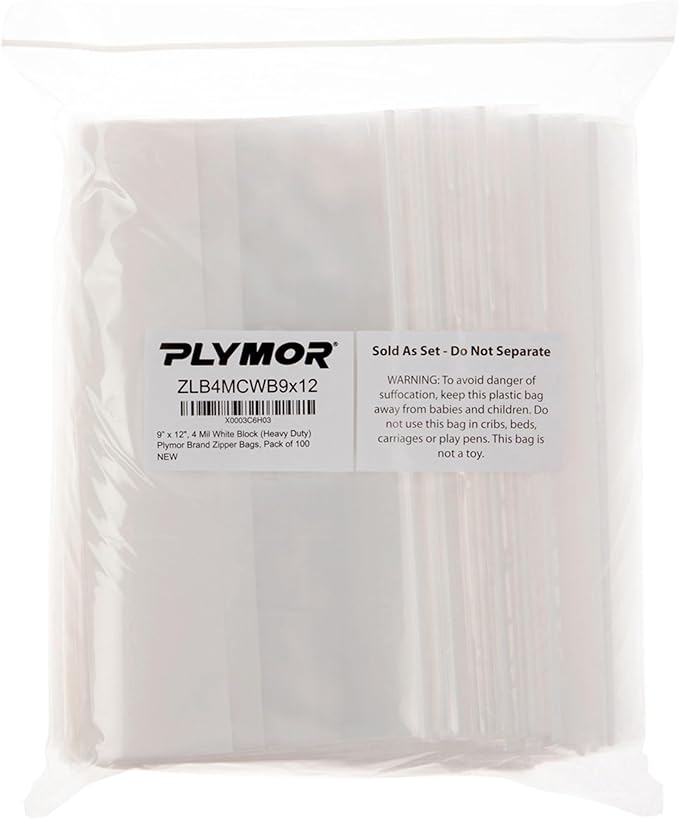 Plymor 9" x 12" (Pack of 100), 4 Mil with White-Block Heavy Duty Zipper Reclosable Plastic Bags
