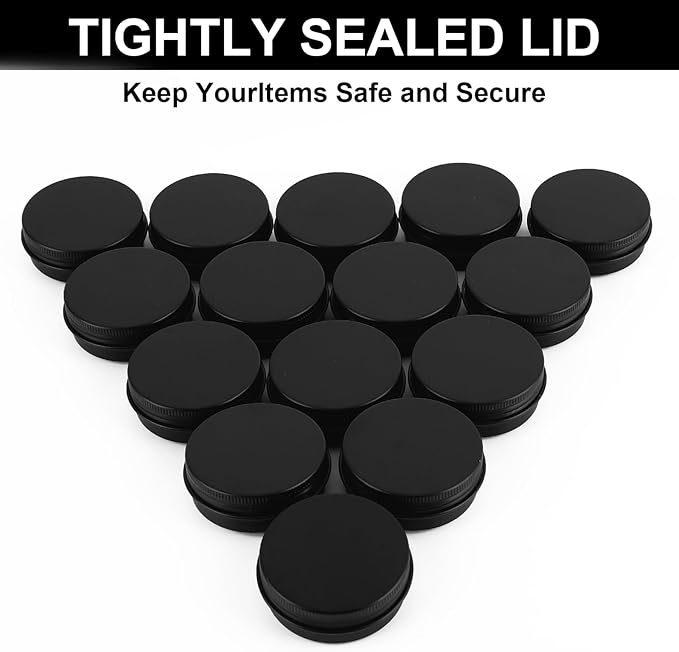 102 Pack Round Cans with Screw Lid 1 OZ Aluminum Metal Tins,for DIY homemade lotion bars, salves, and candles, Balms, Spices, Beard Balm, Crafts with 4 Markers 5 Sheets Label Stickers (Blcak)